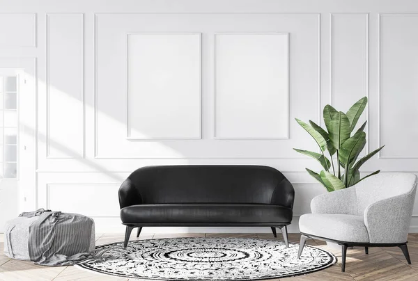 Elegante Salón Interior Apartamento Moderno Muebles Blanco Negro Moda Planta — Foto de Stock