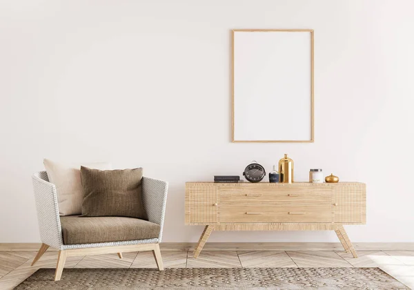 Accogliente Soggiorno Interno Stile Scandinavo Cornice Vuota Modello Sedie Rattan — Foto Stock