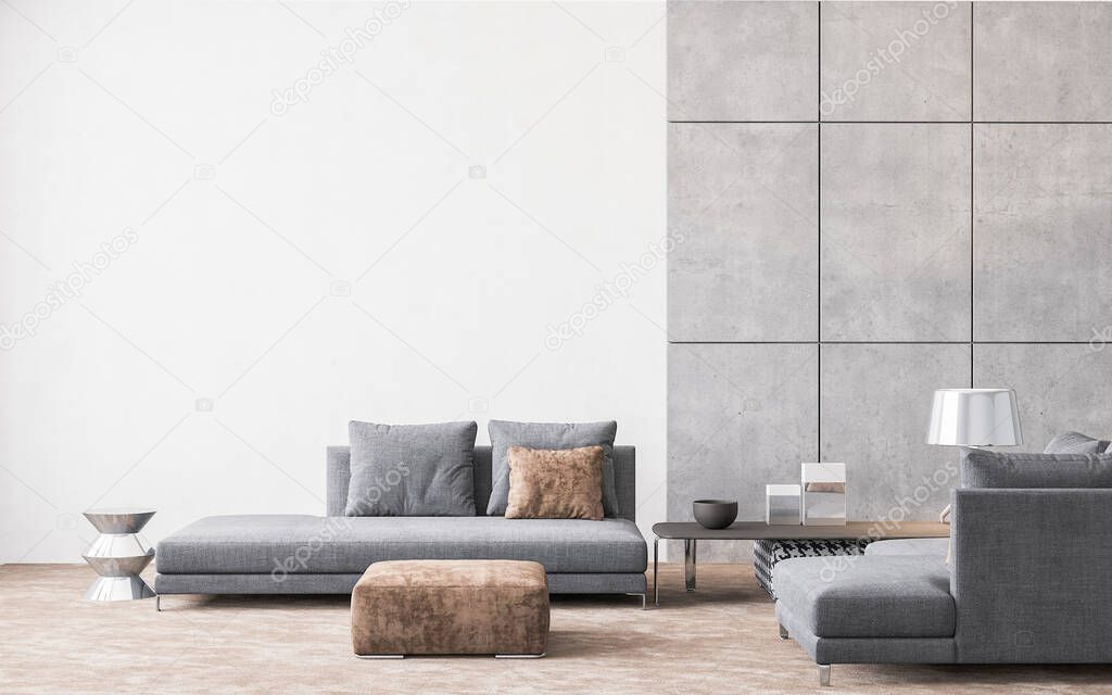Living room interior design in white and concrete background, modern gray sofa wooden table and elegant home accessories, 3D render