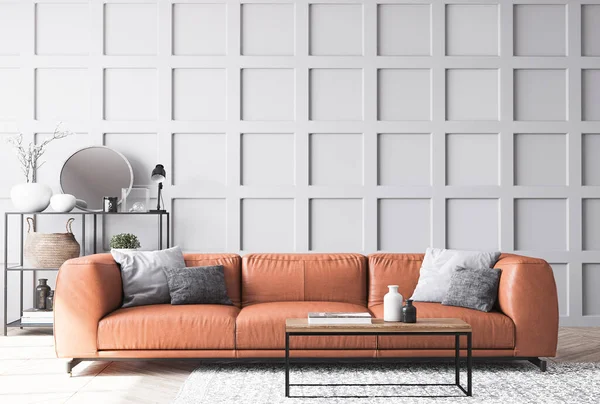Oranžová Kožená Pohovka Skandinávském Obývacím Pokoji Šedým Dřevěným Obložením Stěn — Stock fotografie