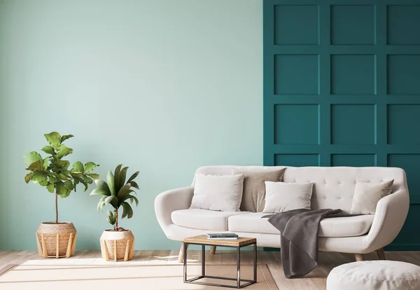 Design Interiéru Napodobuje Luxusní Obývací Pokoj Elegantní Béžovou Pohovkou Dřevěným — Stock fotografie