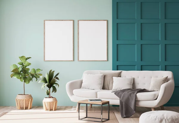 室内设计框架模拟 豪华客厅与雅致米色沙发 木制咖啡桌 大量的植物和木制藤条时尚配件 绿墙镶板 现代家居装饰 — 图库照片