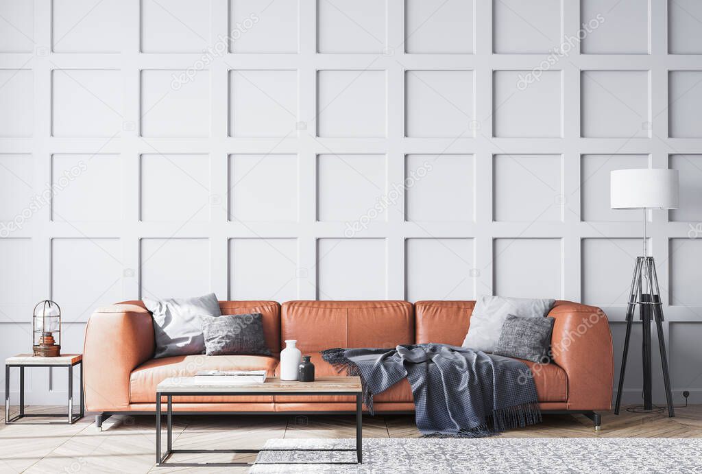 Orange leather sofa in Scandinavian living room with gray wooden wall paneling, Industrial metal floor lamp home decor