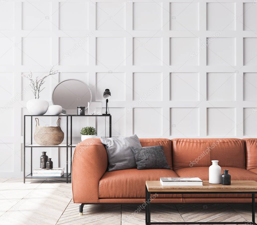 Close up of modern orange leather sofa in Scandinavian living room style with bright gray wooden wall paneling, home decor