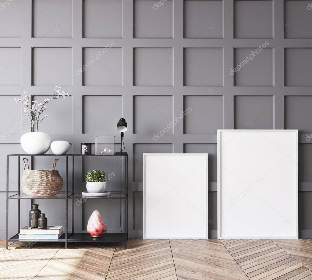 Empty frames in Scandinavian living room with dark gray wooden wall paneling, home decor
