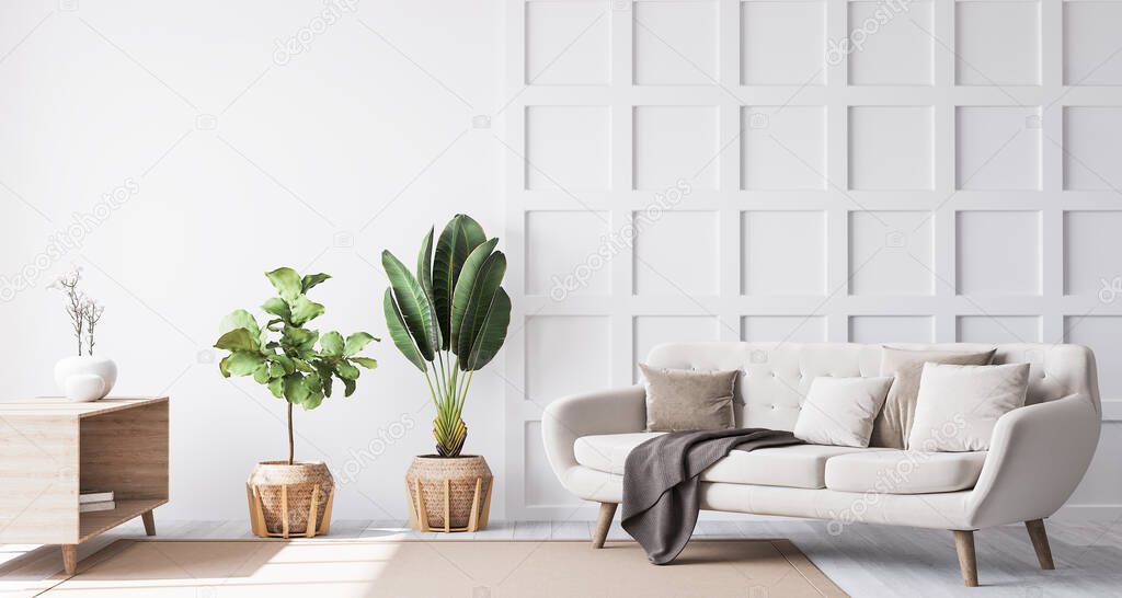 Stylish living room interior with wooden coffee table, plant and elegant accessories. Beautiful beige sofa, Template. Modern home staging. Wall paneling. Details