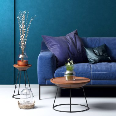 Modern stil oturma odası ve mavi duvar dokusu iç tasarım için kapatın.