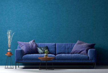 Evin iç mimarisi, mavi kanepe, oturma odasında ahşap masa. Modern dekor alanı. Salon konsepti oluşturma. Renkli duvar arkaplanı.