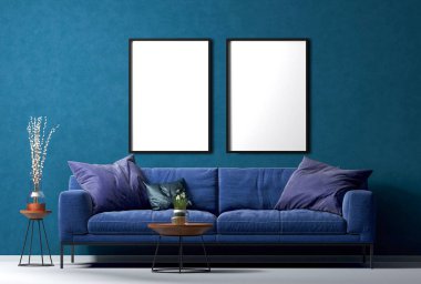 Modern oturma odasının iç planında poster çerçevesi, çağdaş biçim, 3D canlandırma