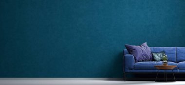 Evin iç mimarisi, mavi kanepe, oturma odasında ahşap masa. Modern dekor alanı. Salon konsepti oluşturma. Renkli duvar arka planı. Panorama