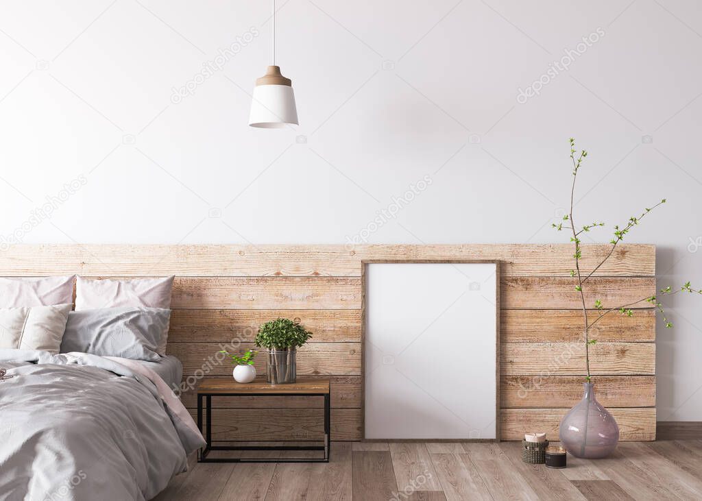 Cozy bedroom area at wooden apartment, close up for empty frame and green plant. Mock up frame in Scandinavian home interior 