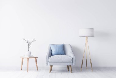 Ahşap sehpanın yanındaki şık koltukta beyaz vazo, parlak gri ve mavi renkler oturma odasının içinde. İskandinav stili boş duvarla modellenir