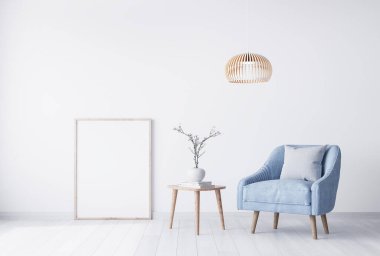 Modern konforlu oturma odası iç tasarımı, kadife gri koltuk, mavi yastık, tavanarası lamba ve beyaz duvar dokusu arka planında ahşap masa. 3B görüntüleme.