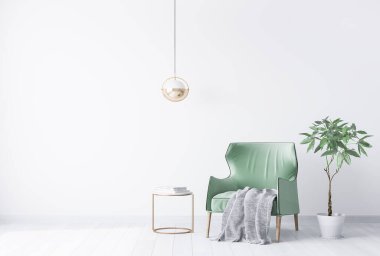 Basit beyaz arka planlı iç mekan modeli. Beyaz ekoseli yeşil kadife koltuk. Modern uzay kavramının boş beyaz duvarı. 3 boyutlu görüntüleme. Görüntü