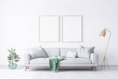 Basit beyaz arkaplan çerçeveli dahili ev modeli. Beyaz arka planda yeşil ekoseli gri kadife kanepe. Modern uzay konsepti. İki dikey çerçeve, poster maketi, üç boyutlu görüntü. Görüntü