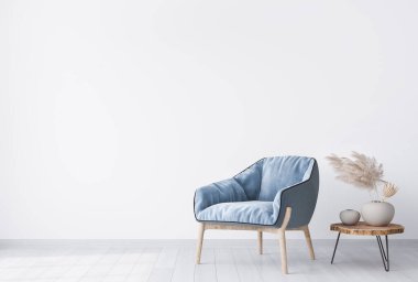 Minimum oturma odası tasarımı, beyaz arka planda mavi ve bej mobilyalar, moda aksesuarlı ev dekorasyonu