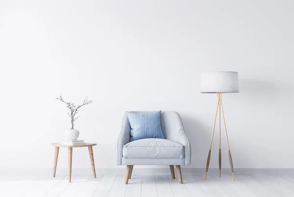 Stylischer Sessel Neben Holztisch Mit Weißer Vase Helle Graue Und — Stockfoto