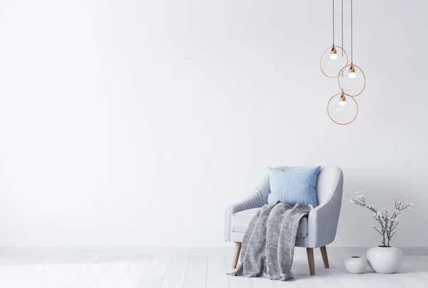 室内装饰为客厅 现代蓝色扶手椅为白色背景 简约的风格时尚配饰 — 图库照片