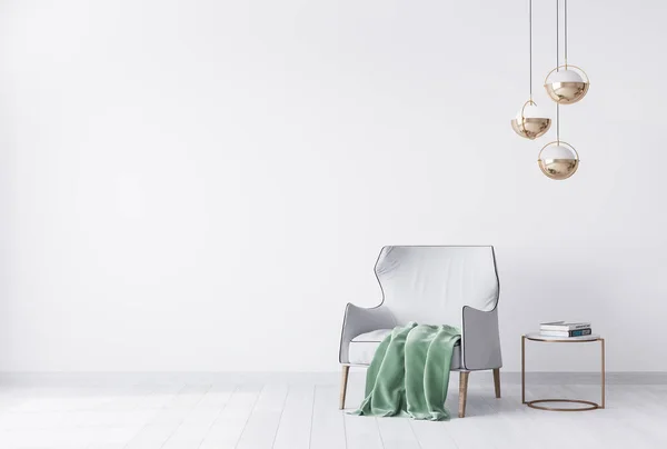 有简单的白色背景的室内房子的模型 绿色格子布的灰色天鹅绒扶手椅 现代空间概念中的空白白墙 3D渲染 说明1 — 图库照片
