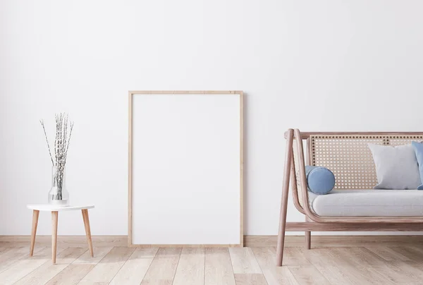 Elegante Soggiorno Moderno Legno Sfondo Bianco Stile Scandinavo Arredamento Rattan — Foto Stock