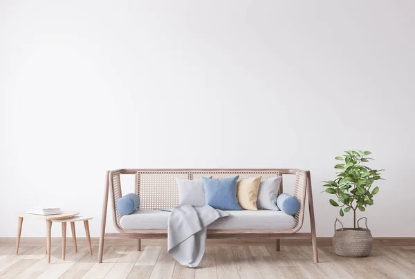 Stylish Modern Wooden Living Room White Background Scandinavian Style Rattan — Stock Photo, Image