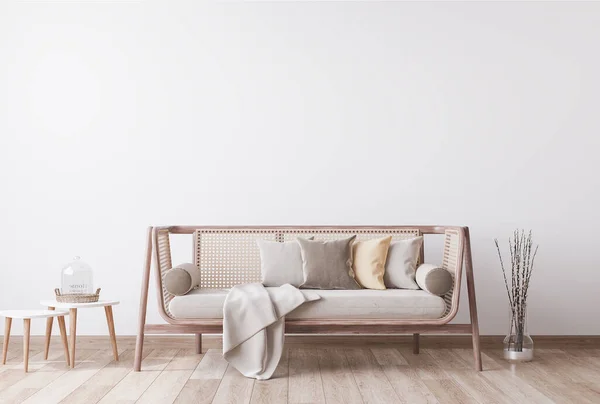 风格新颖的现代木制客厅 白色背景 斯堪的纳维亚风格 拉坦家居装饰 3D渲染 3D插图 — 图库照片