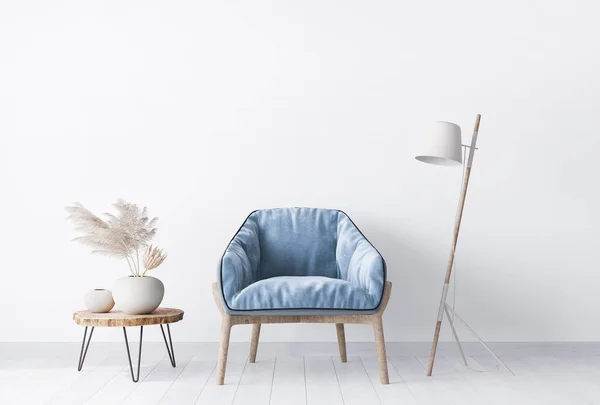Diseño Mínimo Sala Estar Muebles Azules Beige Sobre Fondo Blanco —  Fotos de Stock