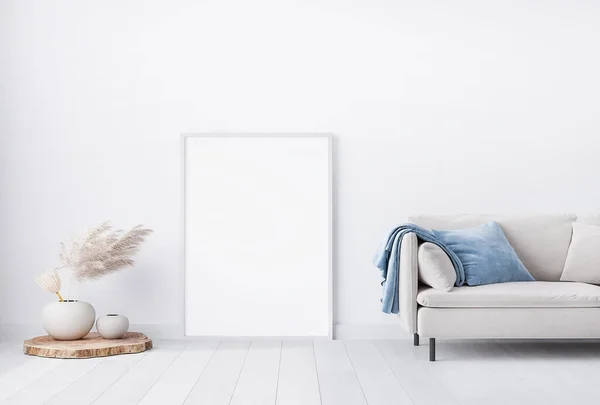 Mockup Rahmen Für Minimalistisches Wohnzimmerdesign Blaue Und Beige Möbel Auf — Stockfoto