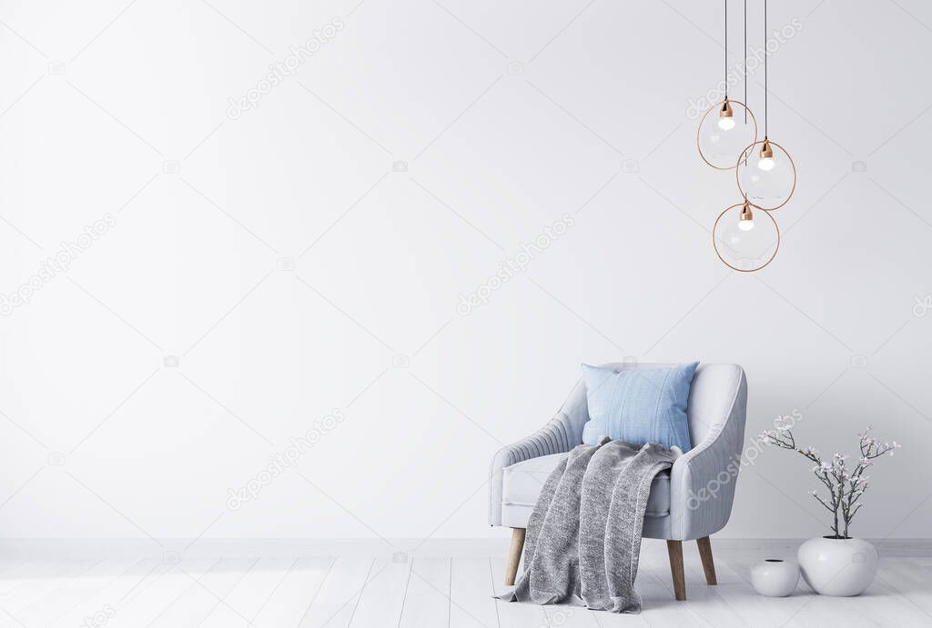 Mock up interior for living room, modern blue armchair in white background. Minimal style. stylish accessories.