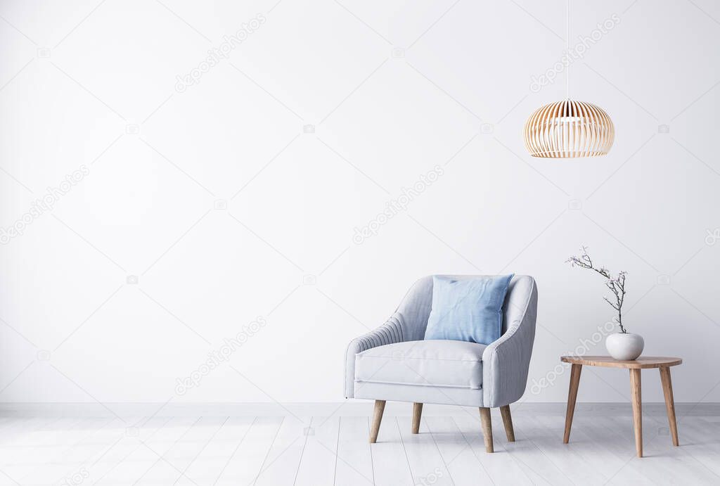 White modern home interior background, Scandinavian decor space, wooden accessories. 3D wall mock up .Rendering