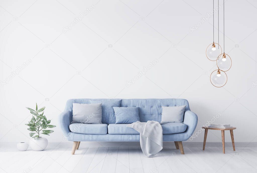 grey pillow above blue Scandinavian sofa in modern interior. wooden side table with gold elegant home accessories. Green plant  in white pot. White wall mock up. Minimal concept design. 3D render