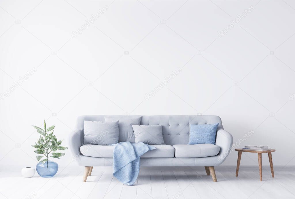 Bright room interior mock up for grey and light blue couch, beside wooden coffee table with books on it. Blue glass vase with green plant. White bright wall. Empty space concept.