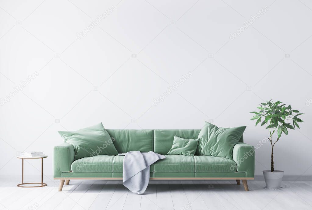 interior house with simple white background mock up. green velvet sofa with white plaid on . modern space concept. 3d render. Illustration