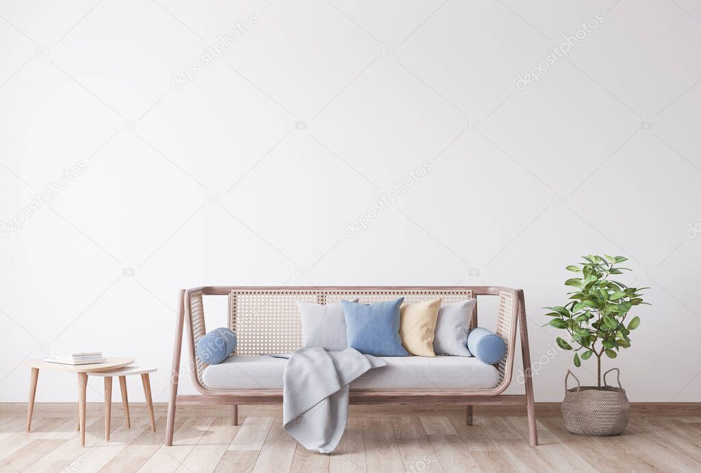 Stylish Modern wooden living room in white background, Scandinavian style, Rattan home decor, 3D render, 3D illustration