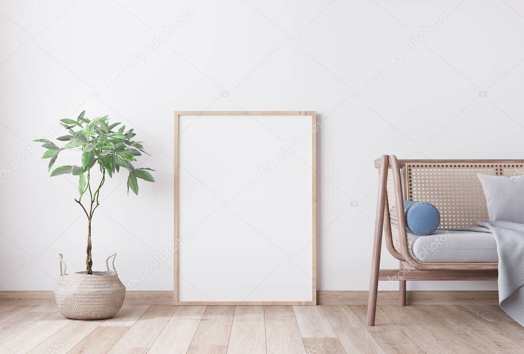 Title: Stylish Modern wooden living room in white background, Scandinavian style, Rattan home decor, 3D render, 3D illustration