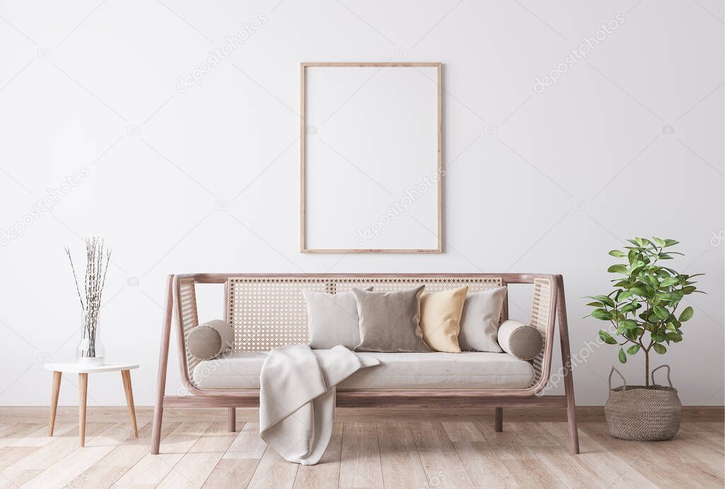 Stylish Modern wooden living room in white background, Scandinavian style, Rattan home decor, wooden frame mock up 3D render, 3D illustration