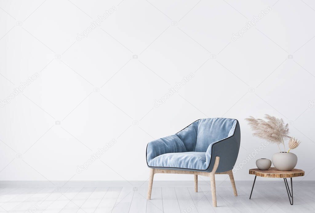 Minimal living room design, blue and beige furniture on white background, home decor with trendy accessories