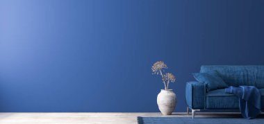 Modern mavi oturma odası, bej büyük kapta kurutulmuş çiçeklerle mavi renkli kanepe. Boş duvar arkaplanı, 3d oluşturma
