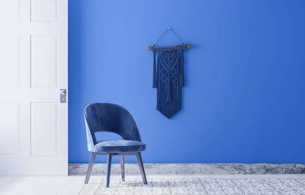 Nowoczesne Minimalne Krzesło Salonie Makieta Białe Drzwi Niebieskim Tle Makramy — Zdjęcie stockowe