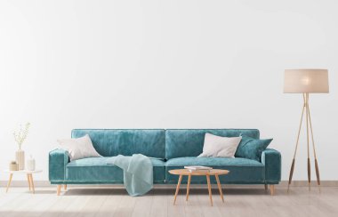 Oturma odasında mavi ve beyaz mobilyaların modern iç tasarımı, boş duvar, 3 boyutlu görüntüleme