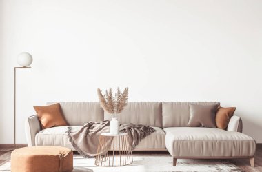 Modern İskandinav apartmanının modaya uygun iç tasarımı, bej renkli oturma odası, boş duvar beyazı modeli. 3B görüntüleme