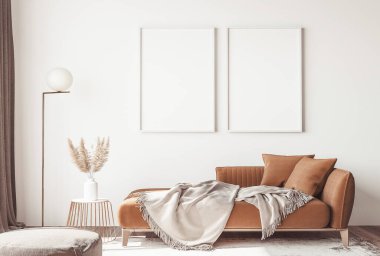 Modern İskandinav apartmanının iç tasarımı, bej renkleriyle oturma odası, iki kare beyaz model. 3B görüntüleme