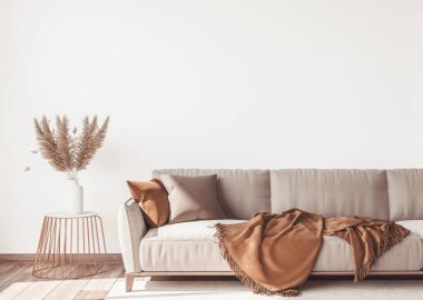 Modern İskandinav apartmanının iç tasarımı, bej renkleriyle oturma odası, boş duvar beyazı maketi. 3B görüntüleme