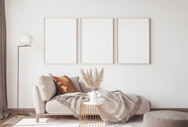 Modern İskandinav apartmanının iç tasarımı, bej renksiz oturma odası, Üç Çerçeve afişi. 3B görüntüleme