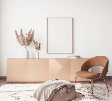 Modern İskandinav apartmanının iç tasarımı, tarafsız renklerde oturma odası, çerçeve poster modeli. 3B görüntüleme
