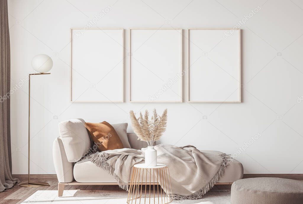 Interior design of modern Scandinavian apartment, living room in beige neutral colors, Three Frames poster mock up. 3D rendering