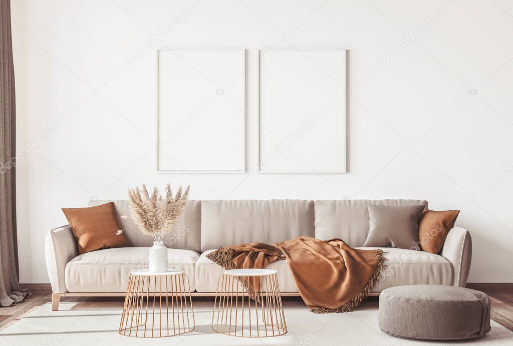 Interior design of modern Scandinavian apartment, living room in neutral colors, Frame poster mock up. 3D rendering
