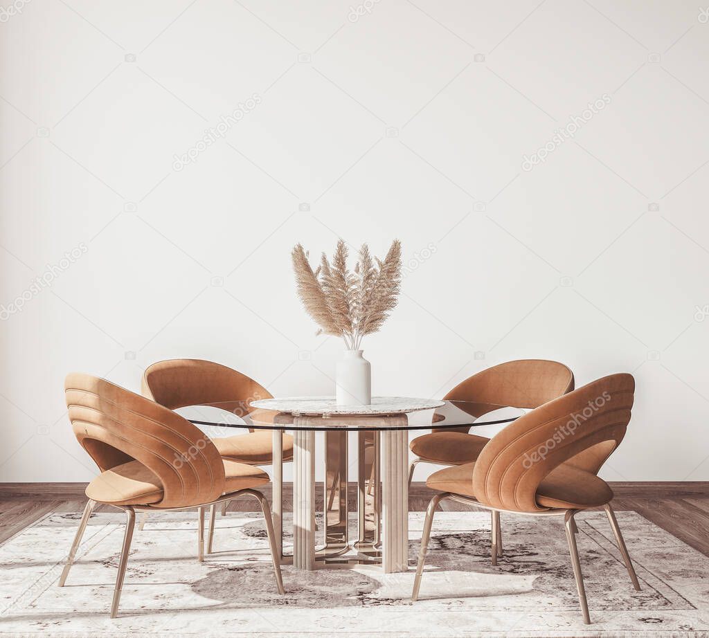 Interior design of modern Scandinavian apartment, dining room in neutral colors, Frame poster mock up. 3D rendering