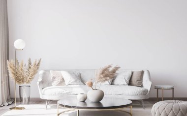 Stylish white modern living room interior, home decor clipart