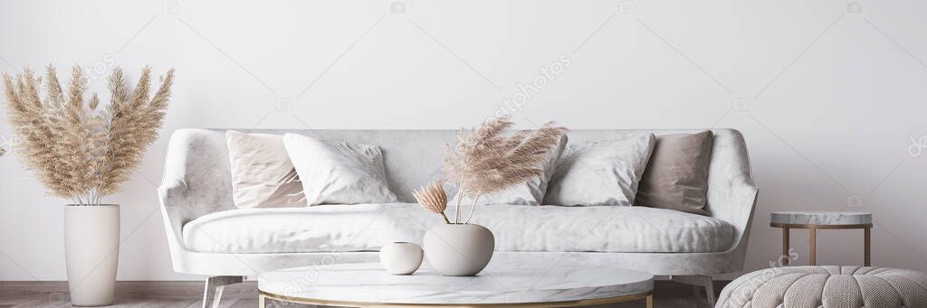 Stylish white modern living room interior, home decor